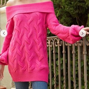 Fuchsia Cable Knit Off The Shoulder Sweater